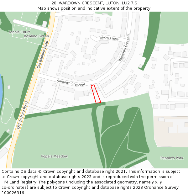 28, WARDOWN CRESCENT, LUTON, LU2 7JS: Location map and indicative extent of plot