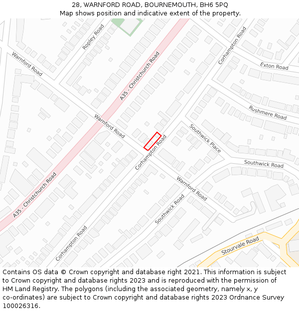 28, WARNFORD ROAD, BOURNEMOUTH, BH6 5PQ: Location map and indicative extent of plot