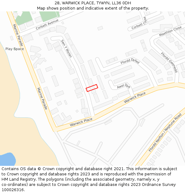 28, WARWICK PLACE, TYWYN, LL36 0DH: Location map and indicative extent of plot