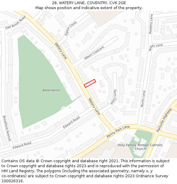 28, WATERY LANE, COVENTRY, CV6 2GE: Location map and indicative extent of plot