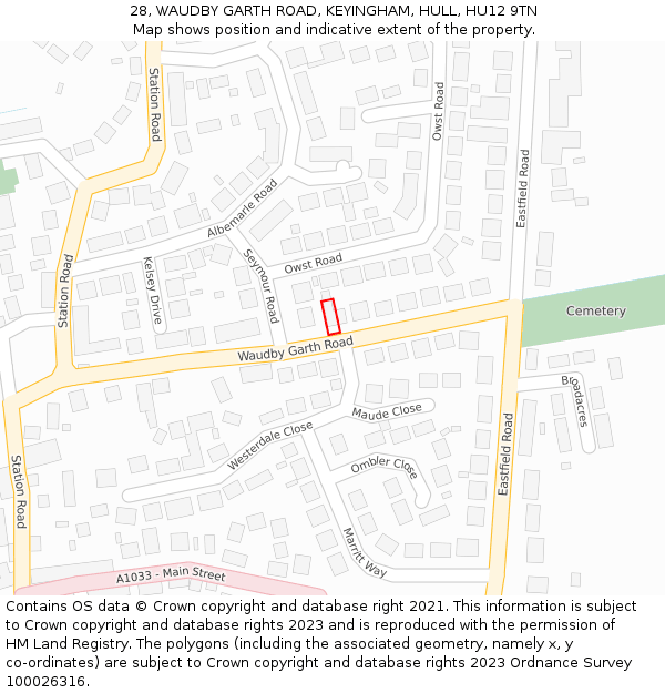 28, WAUDBY GARTH ROAD, KEYINGHAM, HULL, HU12 9TN: Location map and indicative extent of plot