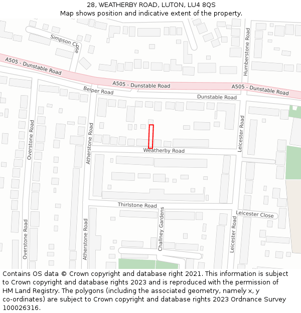 28, WEATHERBY ROAD, LUTON, LU4 8QS: Location map and indicative extent of plot