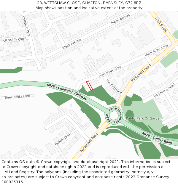 28, WEETSHAW CLOSE, SHAFTON, BARNSLEY, S72 8PZ: Location map and indicative extent of plot