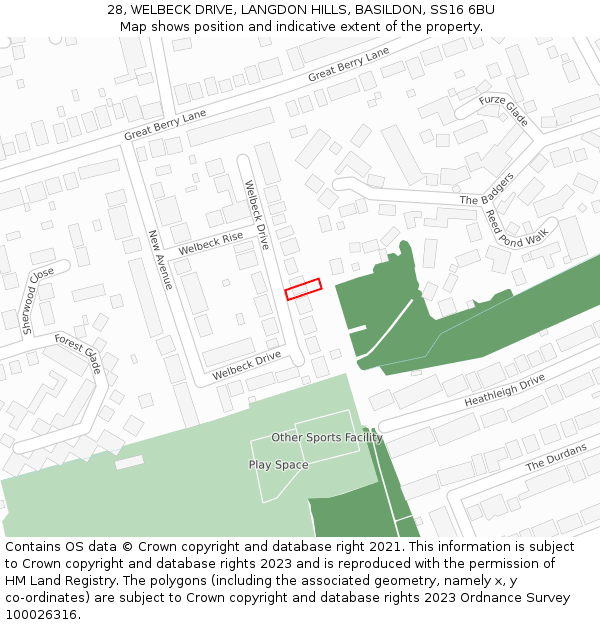 28, WELBECK DRIVE, LANGDON HILLS, BASILDON, SS16 6BU: Location map and indicative extent of plot