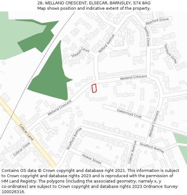 28, WELLAND CRESCENT, ELSECAR, BARNSLEY, S74 8AG: Location map and indicative extent of plot