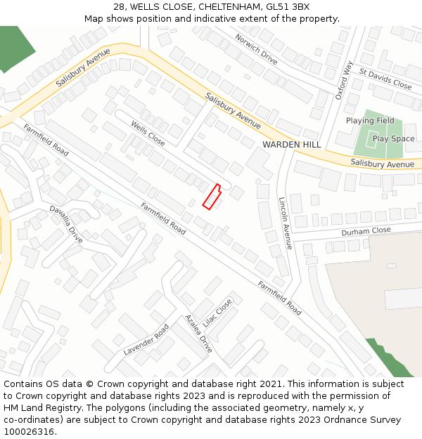 28, WELLS CLOSE, CHELTENHAM, GL51 3BX: Location map and indicative extent of plot