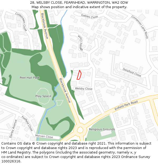 28, WELSBY CLOSE, FEARNHEAD, WARRINGTON, WA2 0DW: Location map and indicative extent of plot