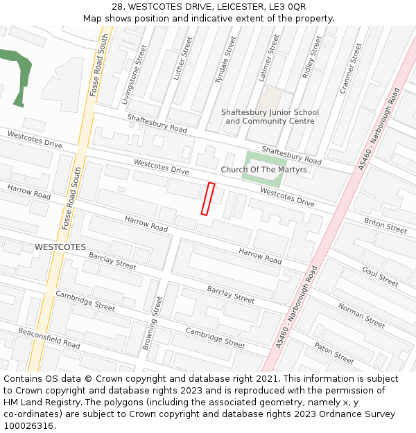 28, WESTCOTES DRIVE, LEICESTER, LE3 0QR: Location map and indicative extent of plot