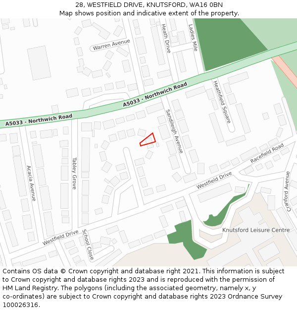 28, WESTFIELD DRIVE, KNUTSFORD, WA16 0BN: Location map and indicative extent of plot