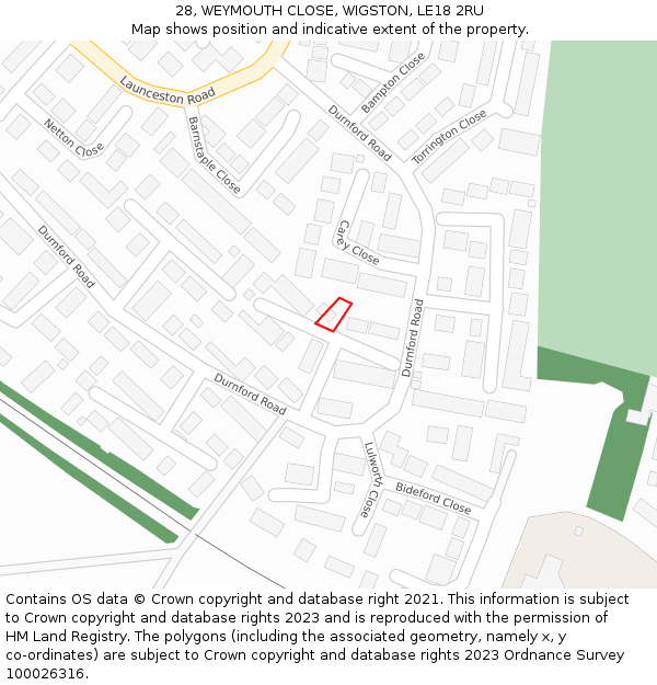 28, WEYMOUTH CLOSE, WIGSTON, LE18 2RU: Location map and indicative extent of plot