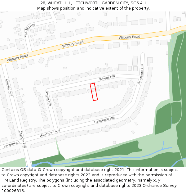 28, WHEAT HILL, LETCHWORTH GARDEN CITY, SG6 4HJ: Location map and indicative extent of plot