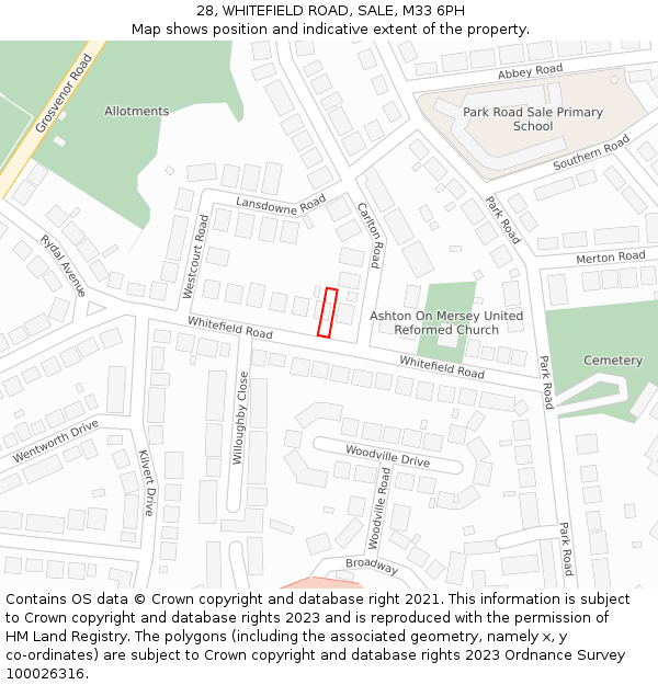 28, WHITEFIELD ROAD, SALE, M33 6PH: Location map and indicative extent of plot