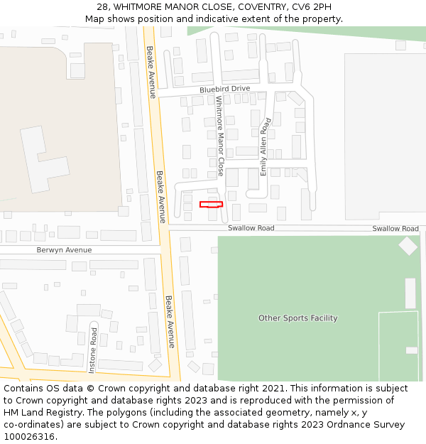 28, WHITMORE MANOR CLOSE, COVENTRY, CV6 2PH: Location map and indicative extent of plot