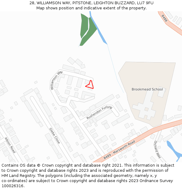 28, WILLIAMSON WAY, PITSTONE, LEIGHTON BUZZARD, LU7 9FU: Location map and indicative extent of plot