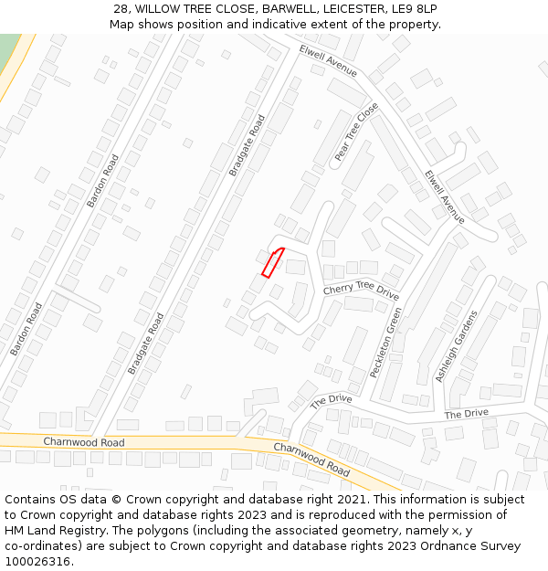 28, WILLOW TREE CLOSE, BARWELL, LEICESTER, LE9 8LP: Location map and indicative extent of plot