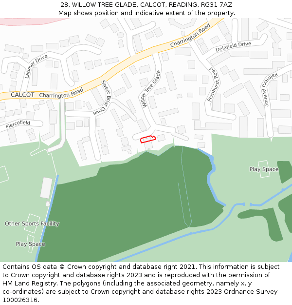 28, WILLOW TREE GLADE, CALCOT, READING, RG31 7AZ: Location map and indicative extent of plot