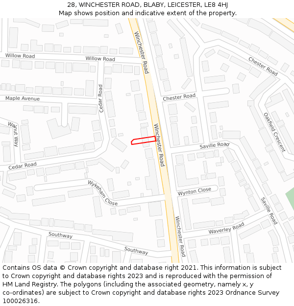 28, WINCHESTER ROAD, BLABY, LEICESTER, LE8 4HJ: Location map and indicative extent of plot