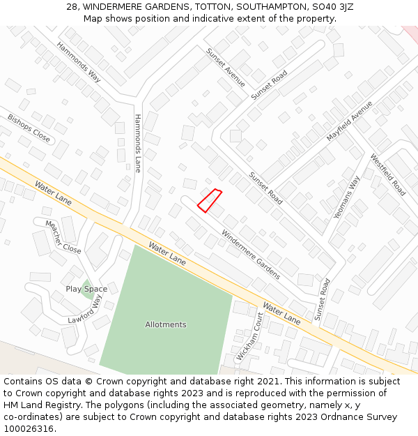 28, WINDERMERE GARDENS, TOTTON, SOUTHAMPTON, SO40 3JZ: Location map and indicative extent of plot