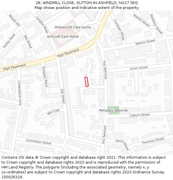 28, WINDMILL CLOSE, SUTTON-IN-ASHFIELD, NG17 5EQ: Location map and indicative extent of plot