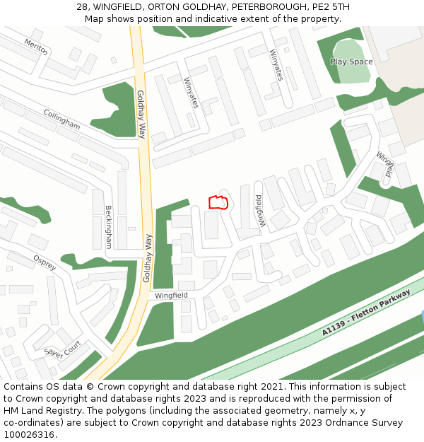 28, WINGFIELD, ORTON GOLDHAY, PETERBOROUGH, PE2 5TH: Location map and indicative extent of plot