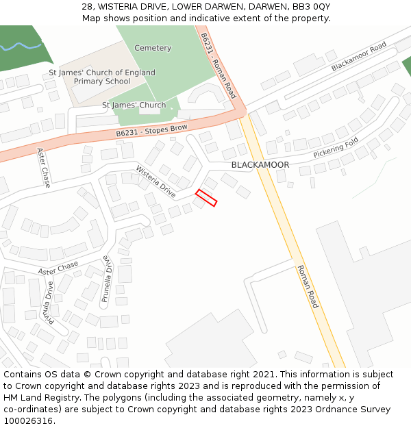 28, WISTERIA DRIVE, LOWER DARWEN, DARWEN, BB3 0QY: Location map and indicative extent of plot