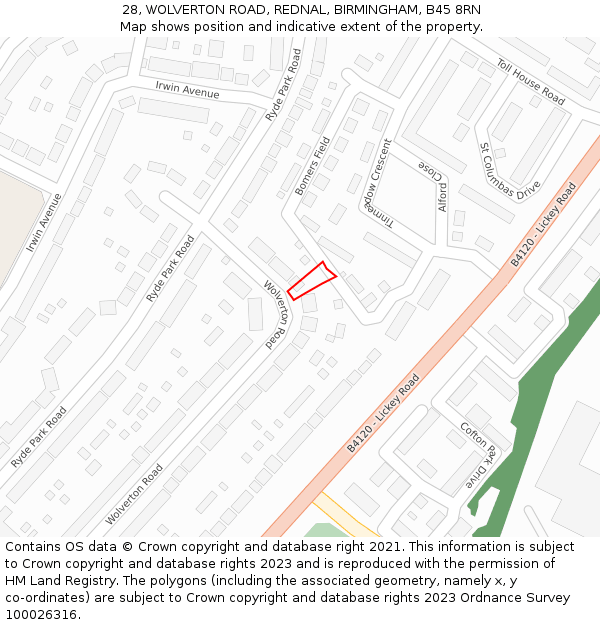 28, WOLVERTON ROAD, REDNAL, BIRMINGHAM, B45 8RN: Location map and indicative extent of plot