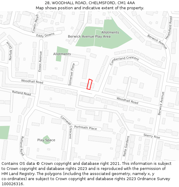 28, WOODHALL ROAD, CHELMSFORD, CM1 4AA: Location map and indicative extent of plot