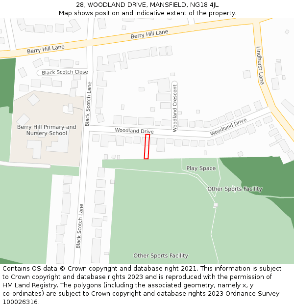 28, WOODLAND DRIVE, MANSFIELD, NG18 4JL: Location map and indicative extent of plot