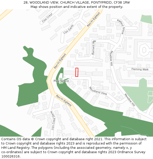 28, WOODLAND VIEW, CHURCH VILLAGE, PONTYPRIDD, CF38 1RW: Location map and indicative extent of plot