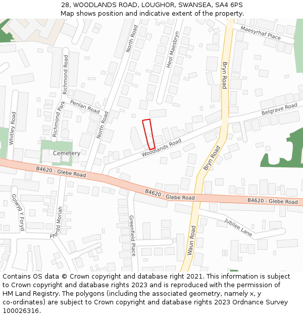 28, WOODLANDS ROAD, LOUGHOR, SWANSEA, SA4 6PS: Location map and indicative extent of plot