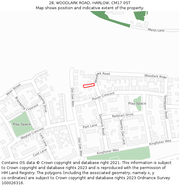 28, WOODLARK ROAD, HARLOW, CM17 0ST: Location map and indicative extent of plot