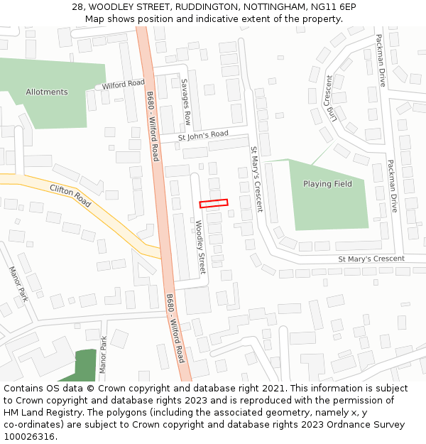 28, WOODLEY STREET, RUDDINGTON, NOTTINGHAM, NG11 6EP: Location map and indicative extent of plot