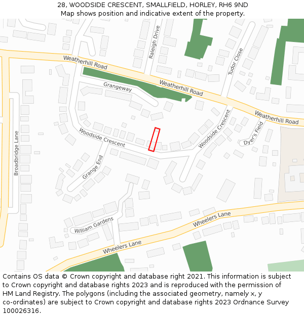 28, WOODSIDE CRESCENT, SMALLFIELD, HORLEY, RH6 9ND: Location map and indicative extent of plot