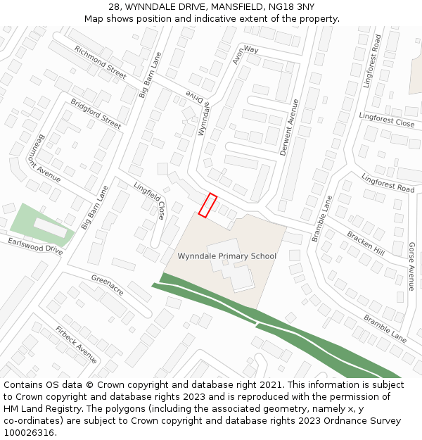 28, WYNNDALE DRIVE, MANSFIELD, NG18 3NY: Location map and indicative extent of plot