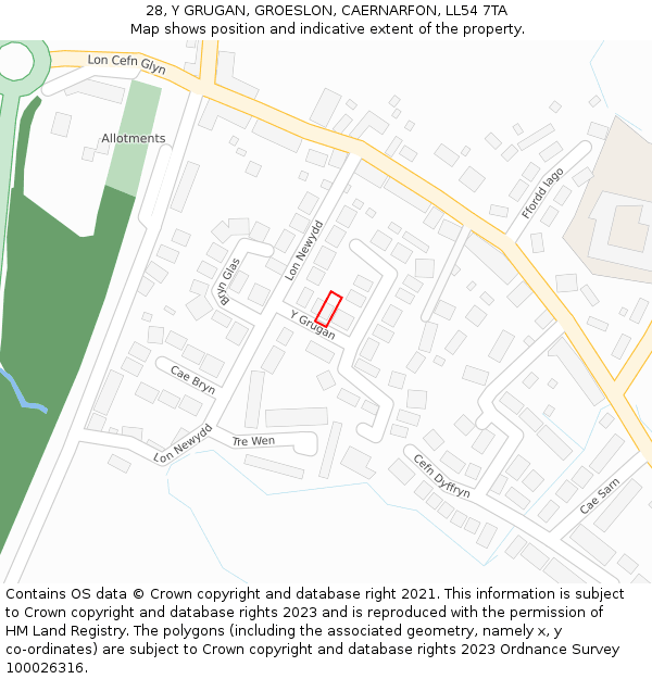28, Y GRUGAN, GROESLON, CAERNARFON, LL54 7TA: Location map and indicative extent of plot