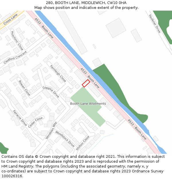 280, BOOTH LANE, MIDDLEWICH, CW10 0HA: Location map and indicative extent of plot