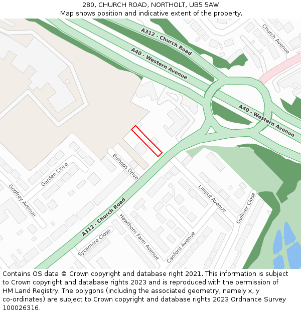 280, CHURCH ROAD, NORTHOLT, UB5 5AW: Location map and indicative extent of plot