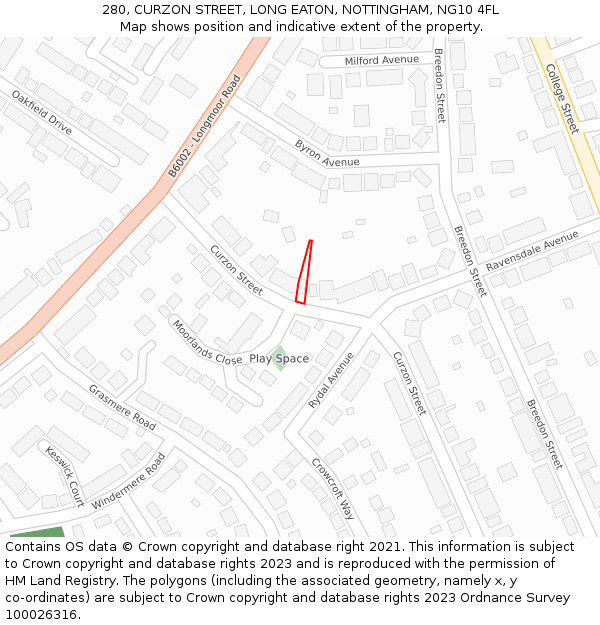 280, CURZON STREET, LONG EATON, NOTTINGHAM, NG10 4FL: Location map and indicative extent of plot