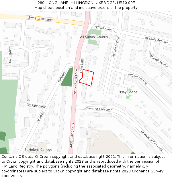 280, LONG LANE, HILLINGDON, UXBRIDGE, UB10 9PE: Location map and indicative extent of plot