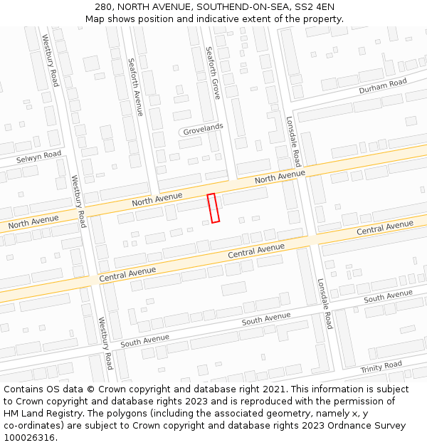 280, NORTH AVENUE, SOUTHEND-ON-SEA, SS2 4EN: Location map and indicative extent of plot