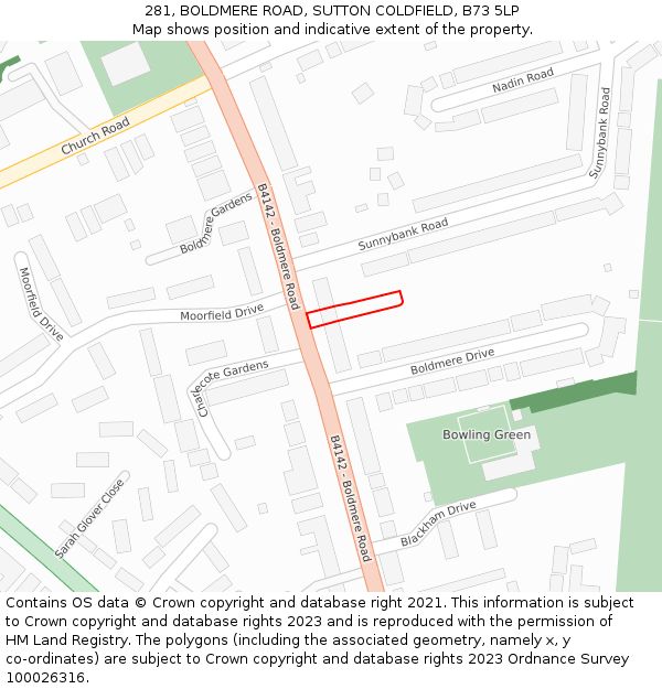 281, BOLDMERE ROAD, SUTTON COLDFIELD, B73 5LP: Location map and indicative extent of plot