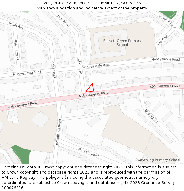 281, BURGESS ROAD, SOUTHAMPTON, SO16 3BA: Location map and indicative extent of plot