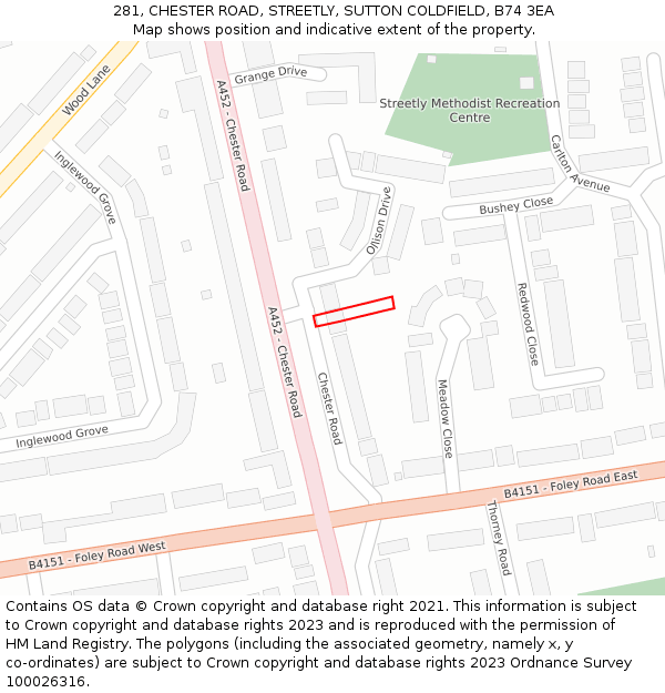 281, CHESTER ROAD, STREETLY, SUTTON COLDFIELD, B74 3EA: Location map and indicative extent of plot