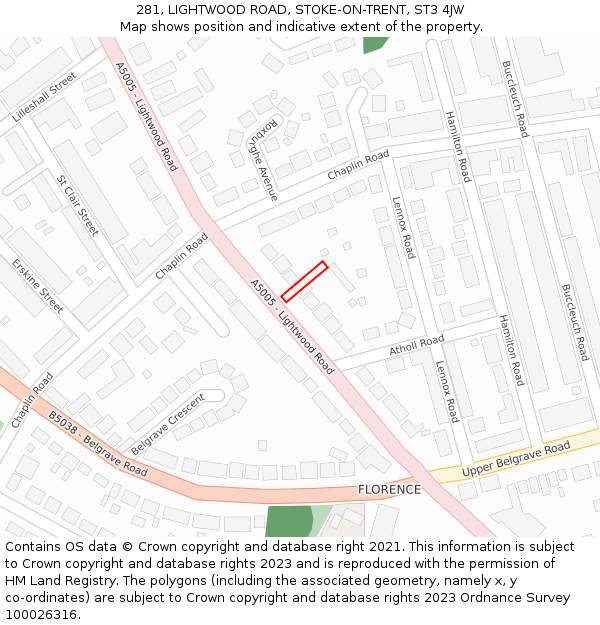 281, LIGHTWOOD ROAD, STOKE-ON-TRENT, ST3 4JW: Location map and indicative extent of plot