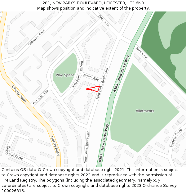 281, NEW PARKS BOULEVARD, LEICESTER, LE3 6NR: Location map and indicative extent of plot
