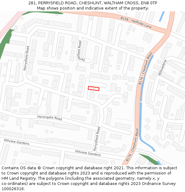 281, PERRYSFIELD ROAD, CHESHUNT, WALTHAM CROSS, EN8 0TP: Location map and indicative extent of plot