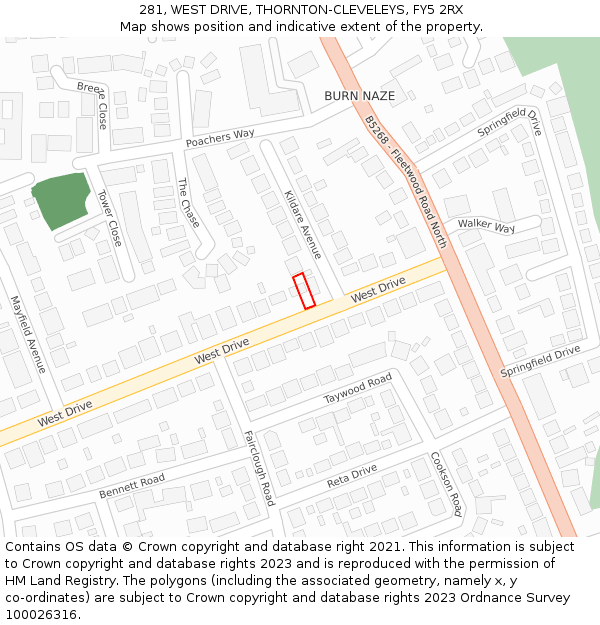 281, WEST DRIVE, THORNTON-CLEVELEYS, FY5 2RX: Location map and indicative extent of plot