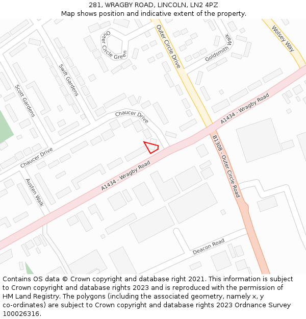 281, WRAGBY ROAD, LINCOLN, LN2 4PZ: Location map and indicative extent of plot