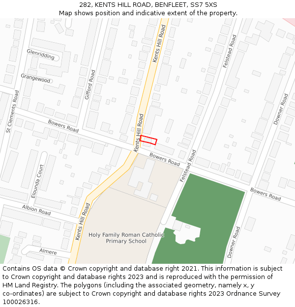 282, KENTS HILL ROAD, BENFLEET, SS7 5XS: Location map and indicative extent of plot