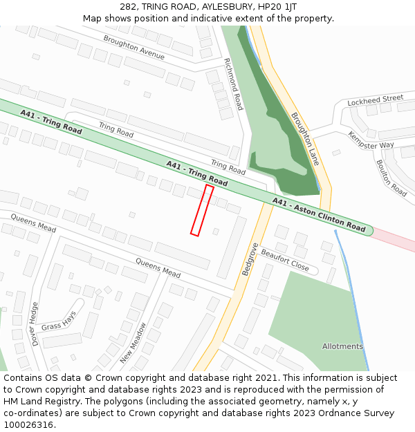 282, TRING ROAD, AYLESBURY, HP20 1JT: Location map and indicative extent of plot